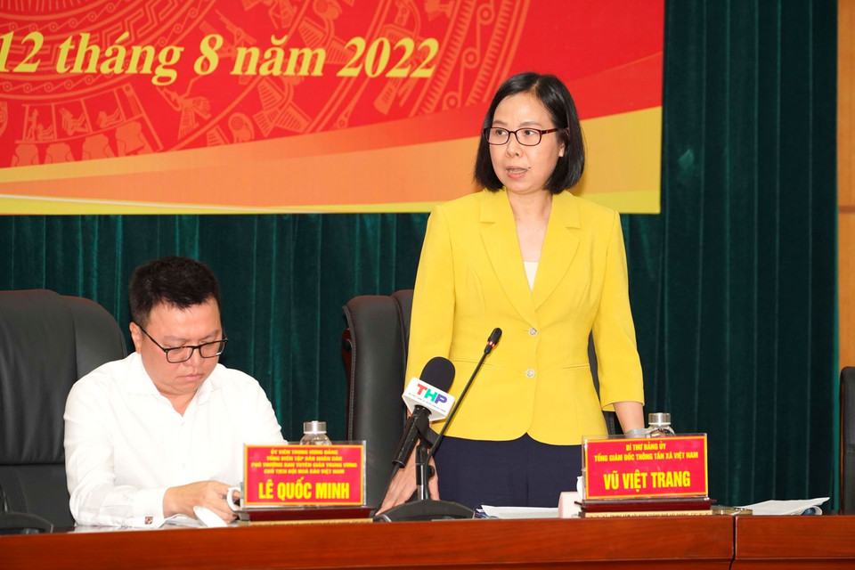 Bà Vũ Việt Trang, Tổng Giám đốc Thông tấn xã Việt Nam phát biểu tại buổi lễ. (Ảnh: Hoàng Ngọc/TTXVN)