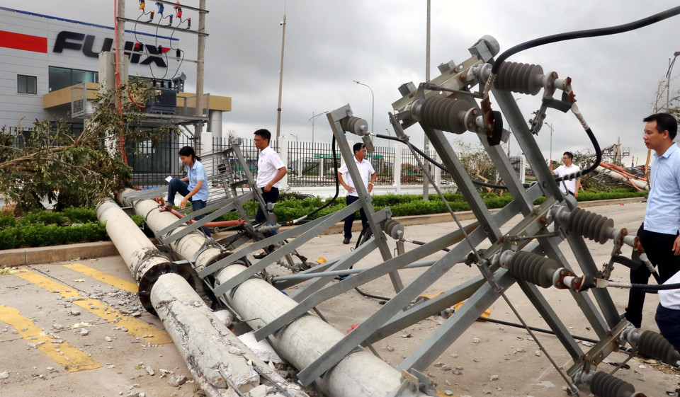 Hàng loạt cột điện ở Khu công nghiệp Sông Khoai bị đổ gãy. (Ảnh: Văn Đức/TTXVN)