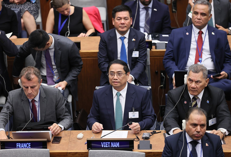 Thủ tướng Phạm Minh Chính phát biểu tại Hội nghị thượng đỉnh Tham vọng khí hậu của Liên hợp quốc. (Ảnh: Dương Giang/TTXVN)