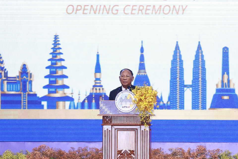 Chủ tịch Quốc hội Campuchia Heng Samrin, Chủ tịch AIPA-43 phát biểu khai mạc. (Ảnh: Doãn Tấn/TTXVN)