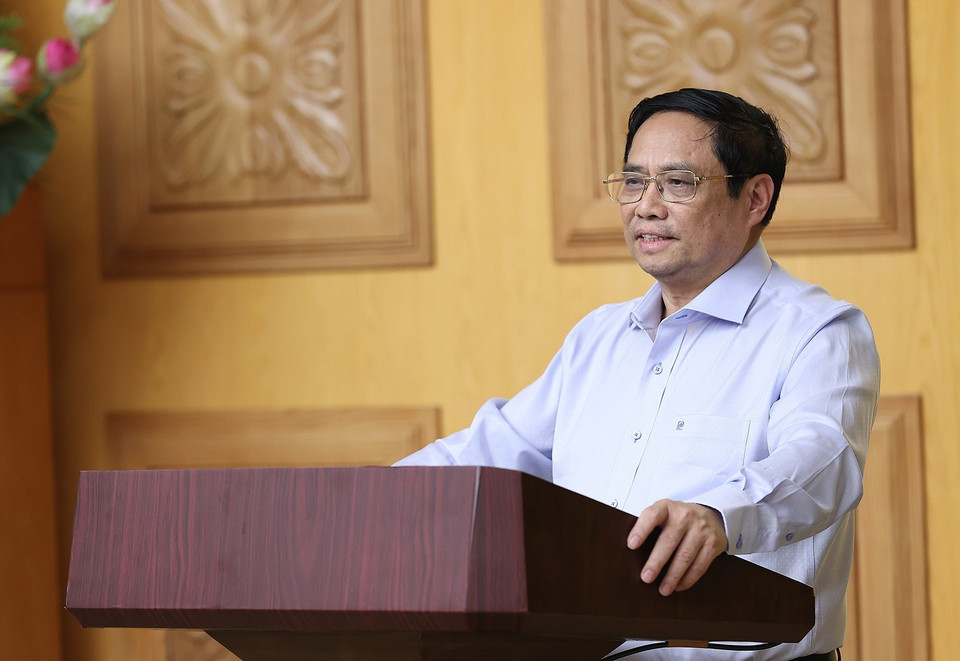 Thủ tướng Phạm Minh Chính phát biểu tại buổi làm việc. (Ảnh: Dương Giang/TTXVN)