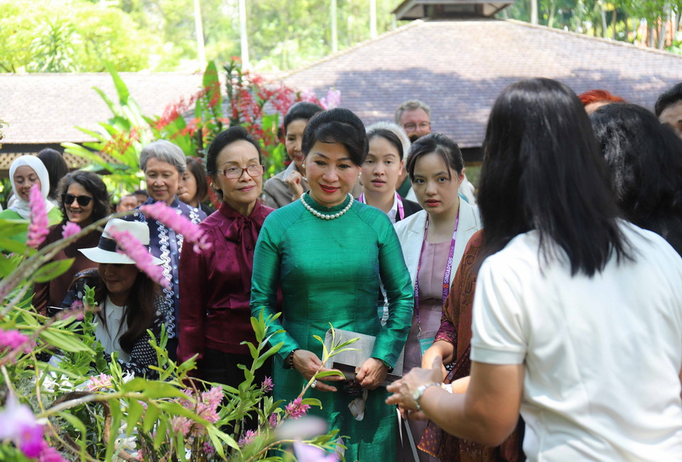 Phu nhân Thủ tướng Nguyễn Xuân Phúc, bà Trần Nguyệt Thu, Phu nhân Thủ tướng Singapore Hà Tinh và phu nhân trưởng đoàn các nước tham dự hội nghị đã đến thăm Vườn bách thảo (Singapore Botanic Gardens). (Ảnh: Xuân Vịnh/TTXVN)