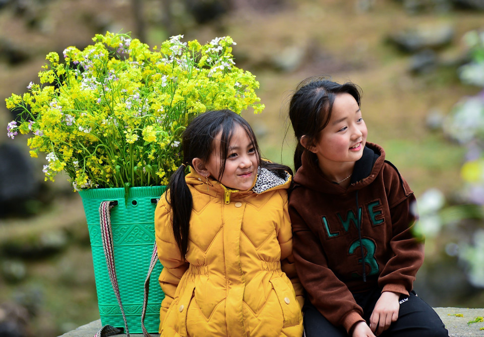 Những em nhỏ với chiếc gùi đầy hoa cải vàng trên lưng chơi ở dốc Thẩm Mã. (Ảnh: Nam Thái/TTXVN)