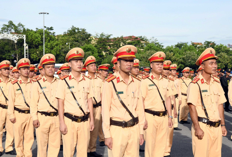 Sáng 20/6, tại Bắc Ninh, Cục Cảnh sát giao thông (Bộ Công an) tổ chức Lễ ra quân thực hiện cao điểm kiểm tra, xử lý các hành vi vi phạm trật tự, an toàn giao thông. (Ảnh: TTXVN phát)