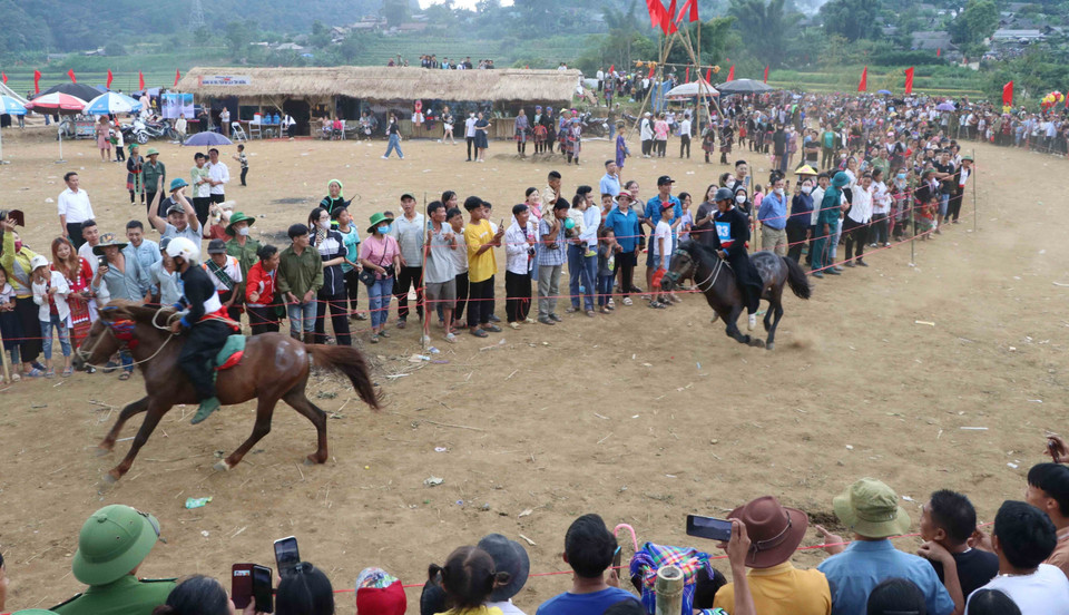 Các nài ngựa khéo léo điều khiển ngựa đua chạy nhanh nhất có thể. (Ảnh: Nguyễn Oanh/TTXVN)