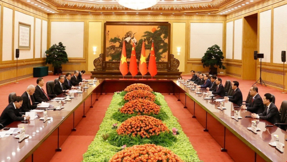 Chủ tịch nước Võ Văn Thưởng hội kiến Tổng Bí thư, Chủ tịch Trung Quốc Tập Cận Bình. (Ảnh: Thống Nhất/TTXVN)