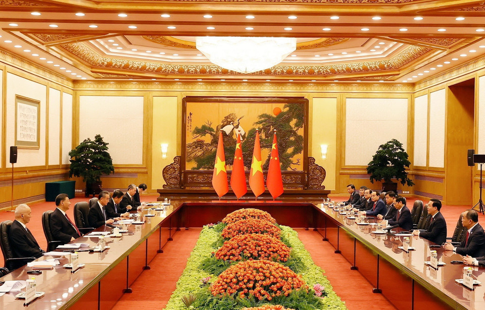 Chủ tịch nước Võ Văn Thưởng hội kiến Tổng Bí thư, Chủ tịch Trung Quốc Tập Cận Bình. (Ảnh: Thống Nhất/TTXVN)