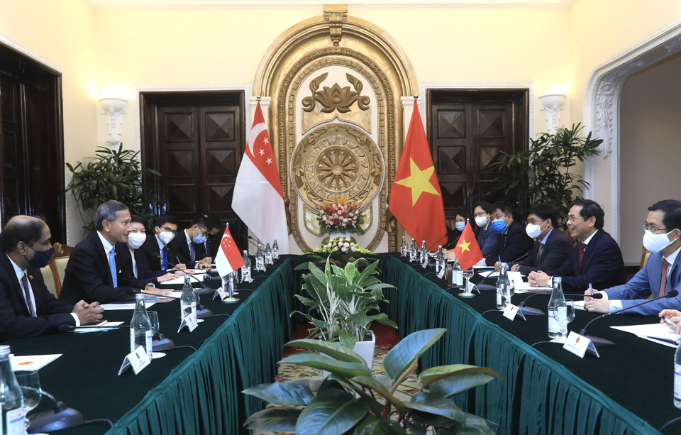 Bộ trưởng Bộ Ngoại giao Bùi Thanh Sơn hội đàm với Bộ trưởng Ngoại giao Singapore Vivian Balakrishnan. (Ảnh: Lâm Khánh/TTXVN)