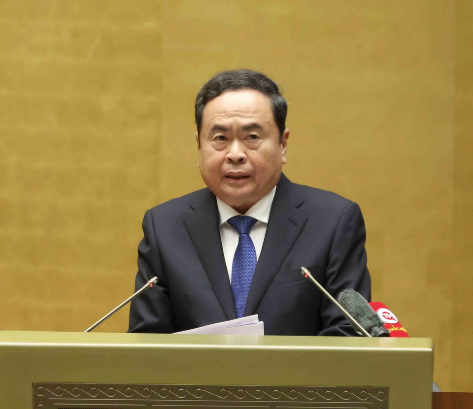 Ông Trần Thanh Mẫn, Ủy viên Bộ Chính trị, Chủ tịch Quốc hội quán triệt chuyên đề 'Tháo gỡ những điểm nghẽn, nút thắt về thể chế.' (Ảnh: Phương Hoa/TTXVN)