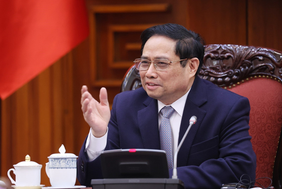 Thủ tướng Phạm Minh Chính phát biểu tại buổi tiếp. (Ảnh: Dương Giang/TTXVN)