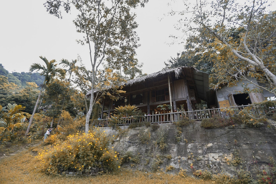 Những nếp nhà sàn bình dị của Homestay Ngọc Nhềm mang nét đặc trưng của nguời Mường ở xóm Đá Bia, xã Tiền Phong (Đà Bắc, Hòa Bình). (Ảnh: Trọng Đạt/TTXVN)
