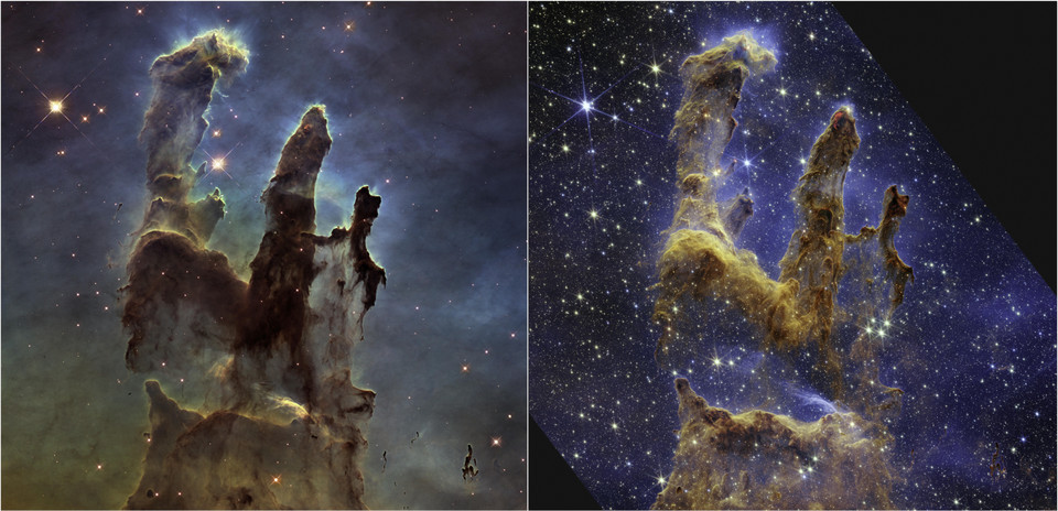 Cơ quan Hàng không và Vũ trụ Mỹ (NASA) ngày 19/10/2022 cho biết kính viễn vọng không gian James Webb đã chụp lại được hình ảnh sắc nét của Cột trụ của Tạo hóa nơi các chòm sao được hình thành trong các đám mây đặc khí và bụi. Trong ảnh: Hình ảnh Cột trụ của Tạo hóa do kính viễn vọng không gian James Webb chụp (phải) và hình ảnh Cột trụ của Tạo hóa được chụp năm 2014 bởi kính viễn vọng không gian Hubble (trái). (Ảnh: AFP/ TTXVN)