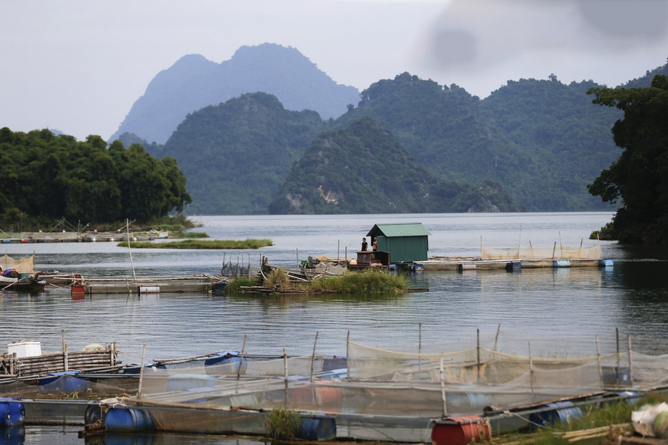 Cảnh sông nước bình yên của xóm Đá Bia trên hồ Hòa Bình.(Ảnh: Trọng Đạt/ TTXVN)