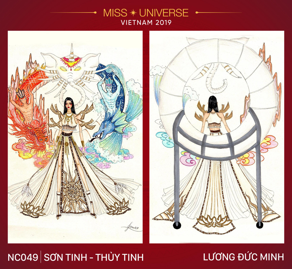 Lấy cảm hứng từ truyền thuyết quen thuộc của dân tộc, bài thi ‘Sơn Tinh-Thủy Tinh’ tái hiện lại cuộc chiến giữa hai vị thần bằng tông màu nóng-lạnh tương phản ở phần cánh, thể hiện sự kiên cường, bất khuất của người dân Việt trước thiên tai, thảm họa thiên nhiên. Điểm nhấn của bài thi chính là những họa tiết đặc sắc thời Văn Lang và hình ảnh voi chín ngà đầy uy quyền ở trung tâm phần cánh, gợi nhớ câu chuyện kén rể đầy thú vị của vua Hùng Vương. Bài sau khi đăng tải chưa đầy 24 giờ đã nhận về hơn 46.000 lượt like, hơn 13.000 lượt bình luận và hơn 5.500 lượt chia sẻ, hiện đang nằm trong Top 5 bài thi được bình chọn nhiều nhất. 