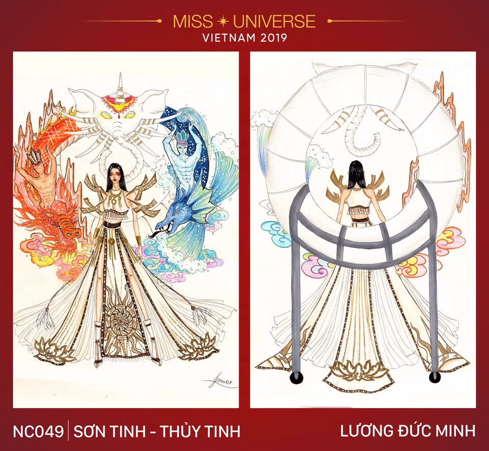 Lấy cảm hứng từ truyền thuyết quen thuộc của dân tộc, bài thi ‘Sơn Tinh-Thủy Tinh’ tái hiện lại cuộc chiến giữa hai vị thần bằng tông màu nóng-lạnh tương phản ở phần cánh, thể hiện sự kiên cường, bất khuất của người dân Việt trước thiên tai, thảm họa thiên nhiên. Điểm nhấn của bài thi chính là những họa tiết đặc sắc thời Văn Lang và hình ảnh voi chín ngà đầy uy quyền ở trung tâm phần cánh, gợi nhớ câu chuyện kén rể đầy thú vị của vua Hùng Vương. Bài sau khi đăng tải chưa đầy 24 giờ đã nhận về hơn 46.000 lượt like, hơn 13.000 lượt bình luận và hơn 5.500 lượt chia sẻ, hiện đang nằm trong Top 5 bài thi được bình chọn nhiều nhất. 