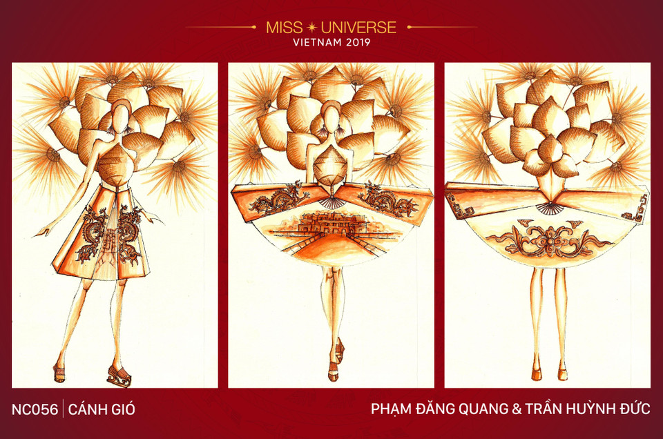 Mẫu thiết kế ‘Cánh gió’ của cặp đôi Phạm Đăng Quang và Trần Huỳnh Đức (sinh năm 1985, 1996, Tiền Giang) lấy cảm hứng từ những chiếc quạt tay truyền thống được cách điệu hiện đại thông qua hình ảnh chiếc yếm đào Việt Nam. Tông màu vàng làm chủ đạo với áo yếm được thiết kế từ chiếc quạt nan dân dã kết hợp cùng quạt lụa cung đình sang trọng ở phần váy, có thể tạo hiệu ứng khi trình diễn. Những chiếc quạt nan lá được đan xếp thành hình hoa sen – quốc hoa của Việt Nam làm phụ kiện phía sau tạo nét độc đáo cho trang phục. Qua thiết kế này tác giả muốn gửi gắm đến những tinh hoa văn hóa truyền thống với thông điệp về việc bảo tồn, gìn giữ làng nghề làm quạt thủ công &amp; đồng thời giới thiệu đến bạn bè thế giới thông qua cuộc thi Miss Universe. 