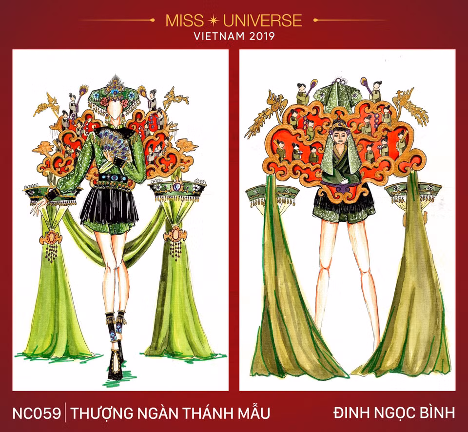 Lấy ý tưởng từ giá hầu Chầu Bà Đệ Nhị Thượng Ngàn – một trong 12 thánh chầu của đạo mẫu kết hợp với hình ảnh thập nhị tiên nàng, nón củ ấu, tượng thờ…, bài thi ‘Thượng ngàn Thánh Mẫu’ của Định Ngọc Bình (sinh năm 1995, Hà Nội) là sự kết hợp của văn hóa tâm linh và sự sáng tạo của thời trang. Tỉ mỉ trong từng họa tiết, bố cục màu sắc, bài thi là bức tranh tổng quan về Đạo Mẫu, lần đầu tiên được thể hiện trong một bài dự thi thiết kế trang phục dân tộc để đi thi quốc tế. 