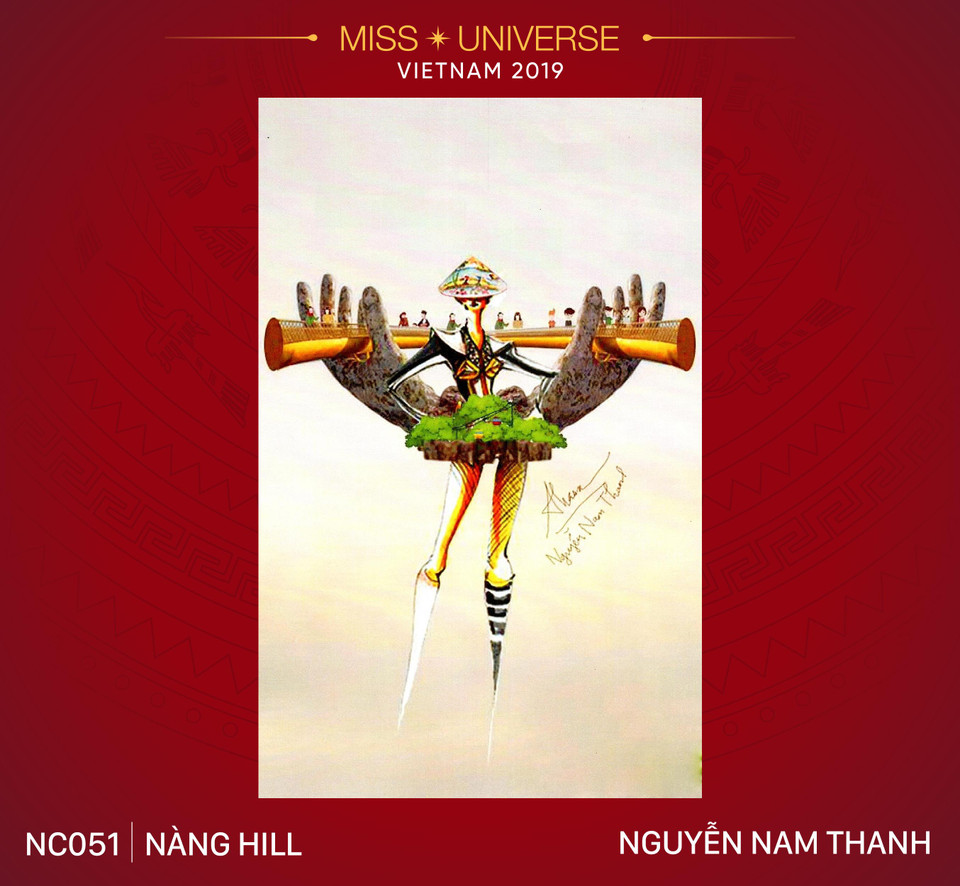 Cầu Vàng trên đỉnh Bà Nà Hill ở Đà Nẵng là điểm đến du lịch nổi tiếng của Việt Nam trong năm vừa qua, không chỉ là niềm tự hào của người dân Đà Nẵng mà đây còn là công trình kiến trúc vươn tầm thế giới, khẳng định trí óc sáng tạo của người Việt Nam. Đó là lý do mà Nguyễn Nam Thanh (sinh năm 1995, Phú Yên) quyết định lấy ý tưởng này để vẽ thành bài thi ‘Nàng Hill.’ Tuy cũng có nhiều bài thi khác sử dụng ý tưởng Cầu Vàng nhưng ‘Nàng Hill’ tạo sự khác biệt bởi sự tinh tế trong từng chi tiết và tôn vinh vóc dáng người trình diễn. 