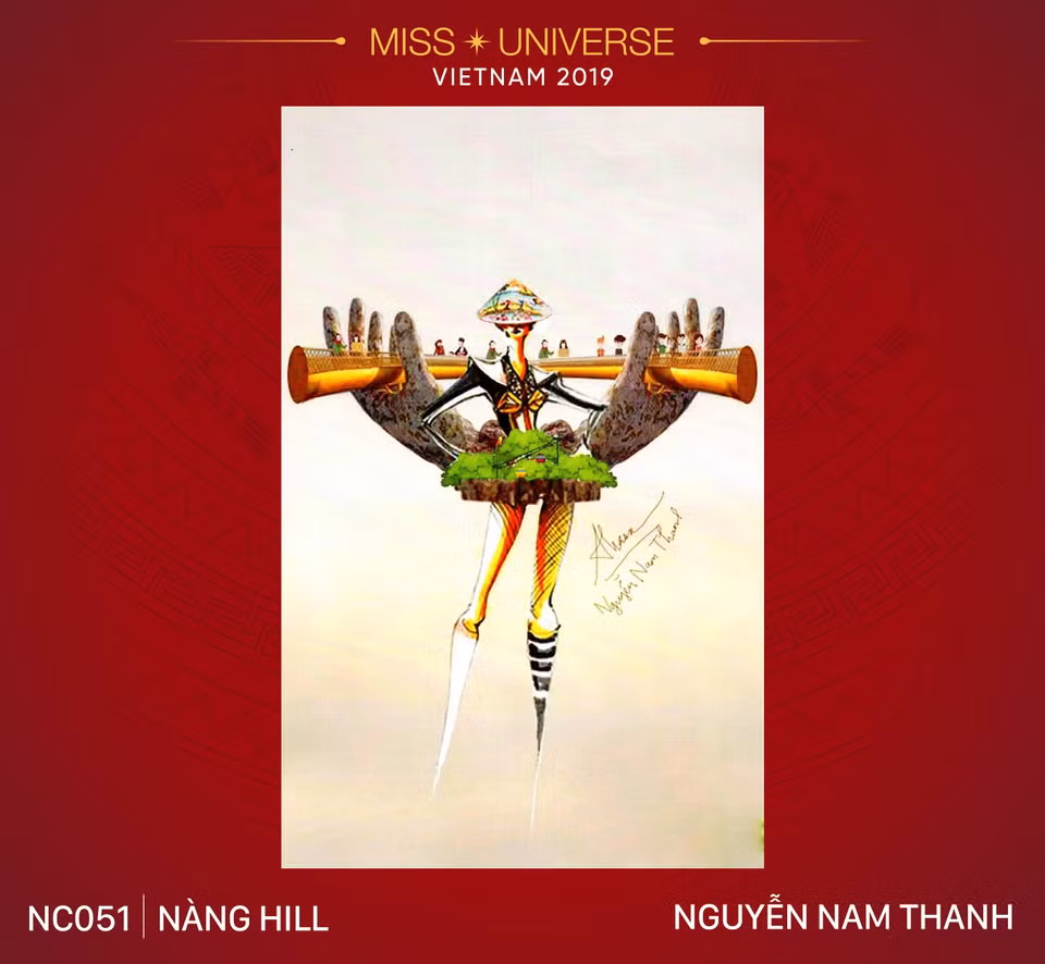 Cầu Vàng trên đỉnh Bà Nà Hill ở Đà Nẵng là điểm đến du lịch nổi tiếng của Việt Nam trong năm vừa qua, không chỉ là niềm tự hào của người dân Đà Nẵng mà đây còn là công trình kiến trúc vươn tầm thế giới, khẳng định trí óc sáng tạo của người Việt Nam. Đó là lý do mà Nguyễn Nam Thanh (sinh năm 1995, Phú Yên) quyết định lấy ý tưởng này để vẽ thành bài thi ‘Nàng Hill.’ Tuy cũng có nhiều bài thi khác sử dụng ý tưởng Cầu Vàng nhưng ‘Nàng Hill’ tạo sự khác biệt bởi sự tinh tế trong từng chi tiết và tôn vinh vóc dáng người trình diễn. 