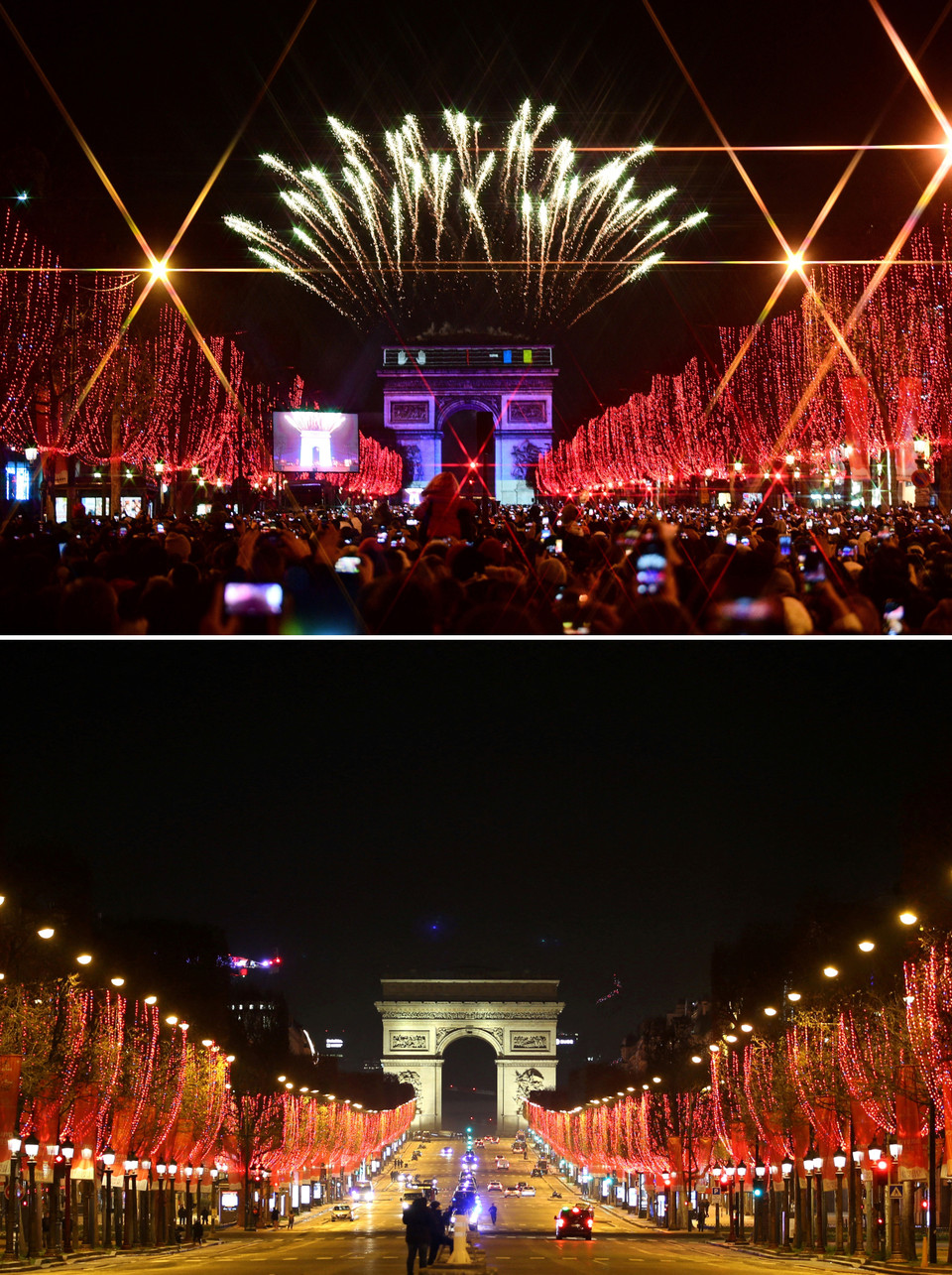 Hình ảnh thủ đô Paris, Pháp đón Năm mới 2020 (ảnh trên) với màn pháo hoa rực rỡ và Năm mới 2022 (ảnh dưới) trầm lắng hơn trên Đại lộ Điện Elysees, ngày 31/12/2020. (Ảnh: AFP/TTXVN)