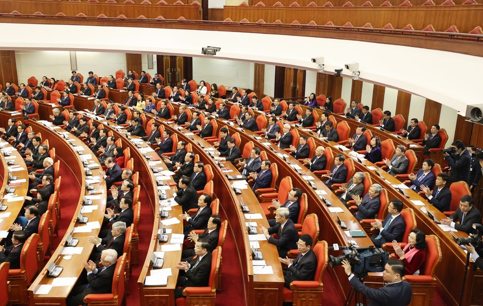 Các đồng chí lãnh đạo Đảng, Nhà nước và các đại biểu dự Hội nghị. (Ảnh: Trí Dũng/TTXVN)