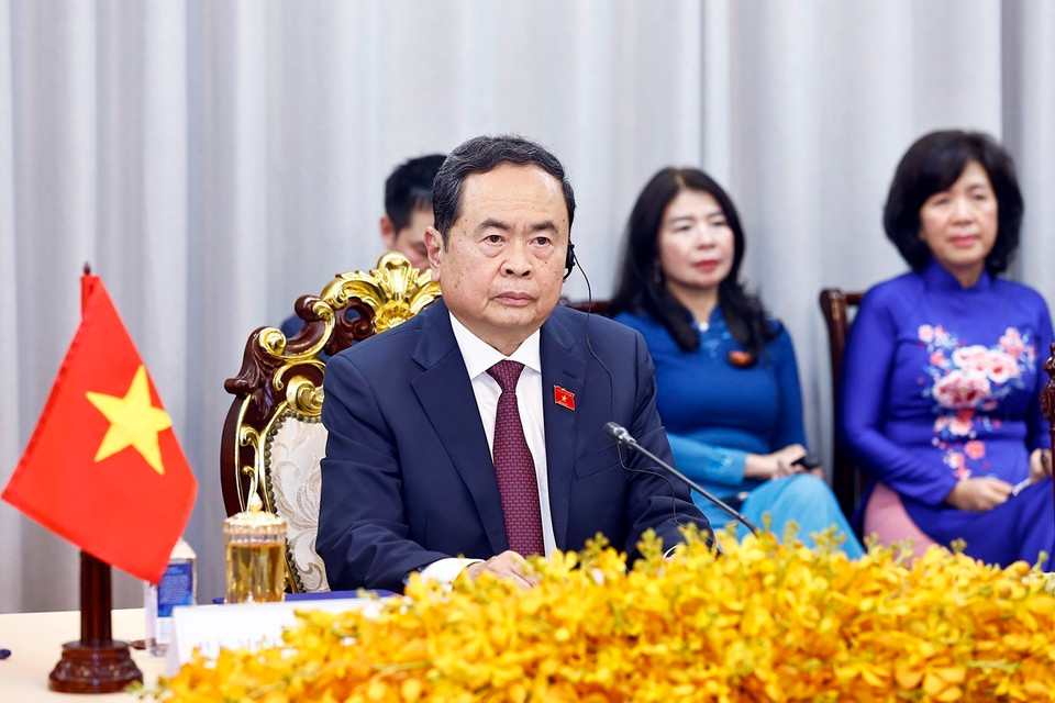 Chủ tịch Quốc hội Trần Thanh Mẫn phát biểu tại cuộc hội đàm với Chủ tịch Quốc hội Campuchia Samdech Khuon Sudary. (Ảnh: Doãn Tấn/TTXVN)