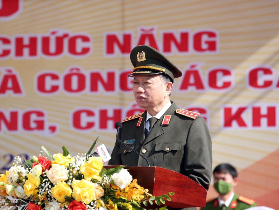 Đại tướng Tô Lâm, Ủy viên Bộ Chính trị, Bộ trưởng Bộ Công an phát biểu. (Ảnh: TTXVN phát)