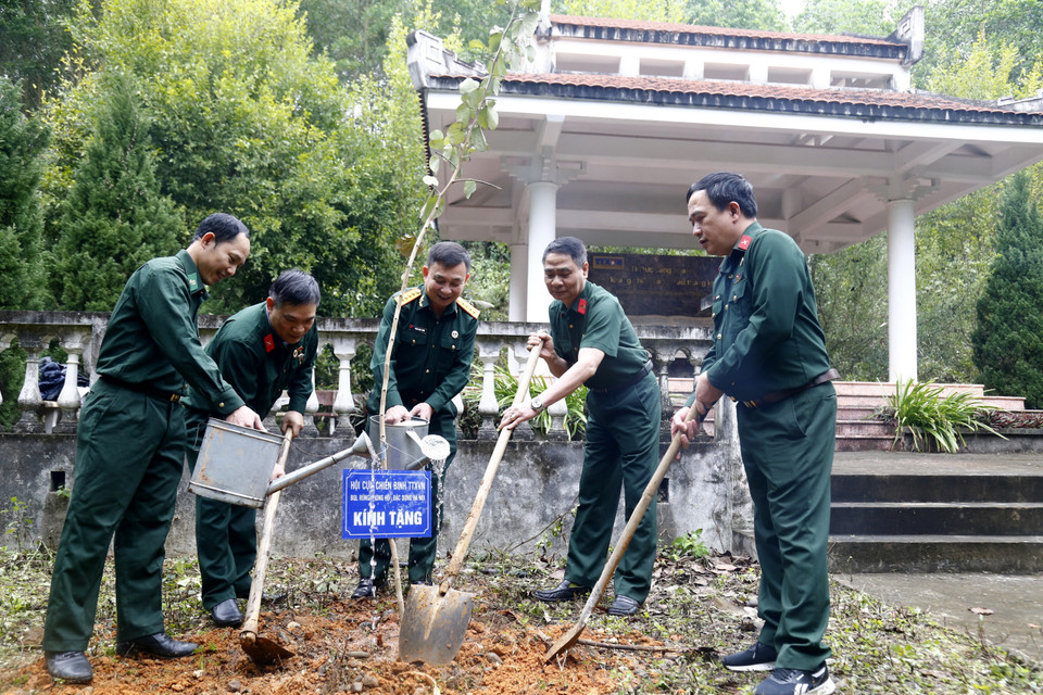 Đoàn cán bộ Hội CCB TTXVN đã trồng 3 cây muồng tím và 2 cây hoa ban trong khuôn viên khu di tích. (Ảnh: Nam Sương /TTXVN)