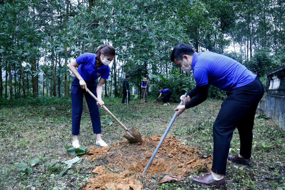 Đoàn cán bộ Hội CCB TTXVN đã trồng 3 cây muồng tím và 2 cây hoa ban trong khuôn viên khu di tích. (Ảnh: Nam Sương /TTXVN)