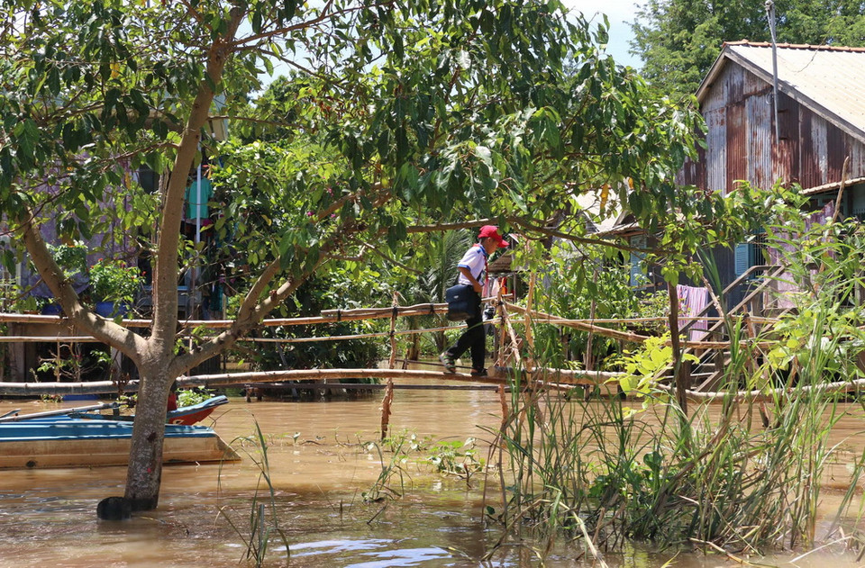 Nhiều em còn phải băng qua cây cầu khỉ khá dài mới vào được nhà. (Ảnh: Công Mạo/TTXVN)