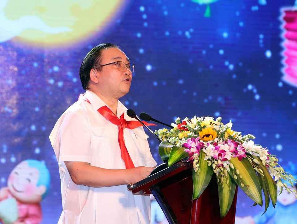 Bí thư Thành ủy Hà Nội Hoàng Trung Hải phát biểu tại chương trình. (Ảnh: Trọng Đức/TTXVN)