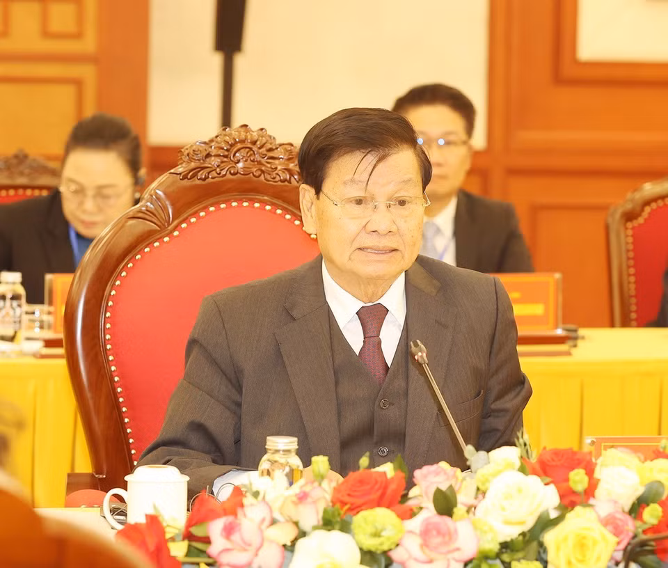 Tổng Bí thư, Chủ tịch nước Lào Thongloun Sisoulith phát biểu. (Ảnh: Trí Dũng/TTXVN)