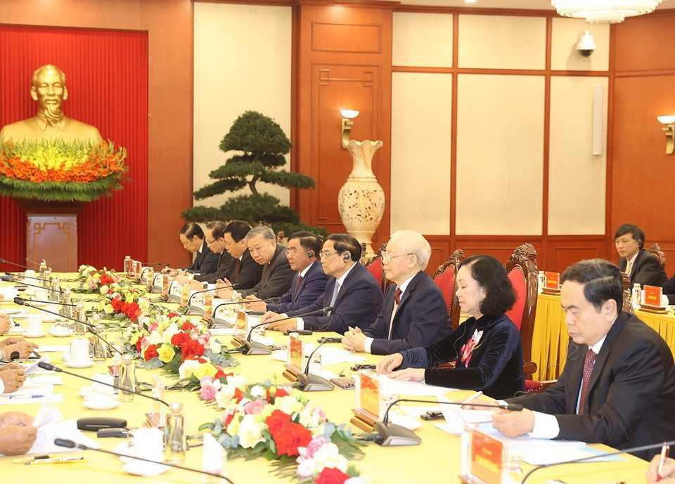 Đoàn Đại biểu Đảng Cộng sản Việt Nam do Tổng Bí thư Nguyễn Phú Trọng dẫn đầu tại Cuộc gặp. (Ảnh: Trí Dũng/TTXVN)