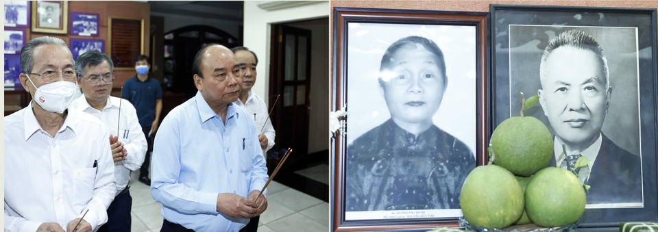 Chủ tịch nước Nguyễn Xuân Phúc tới dâng hương đồng chí Nguyễn Hữu Thọ - Chủ tịch Mặt trận Dân tộc giải phóng miền Nam Việt Nam từ năm 1962 đến ngày đất nước nước thống nhất. Đồng chí cũng là Phó Chủ tịch nước đầu tiên của nước Việt Nam thống nhất, quyền Chủ tịch nước từ tháng 4 năm 1980 đến tháng 7 năm 1981, Chủ tịch Quốc hội, Phó Chủ tịch Hội đồng Nhà nước nước từ năm 1981 đến năm 1987. (Ảnh: Thống Nhất/TTXVN)