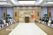 Chủ tịch Quốc hội Trần Thanh Mẫn tiếp ông Hagiuda Koichi, Quyền Tổng Thư ký Đảng Dân chủ Tự do Nhật Bản. (Ảnh: Doãn Tấn/TTXVN)