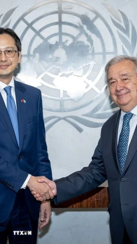 Đại sứ Đỗ Hùng Việt và Tổng Thư ký Liên hợp quốc António Guterres. (Ảnh: Lê Hoàng/TTXVN)