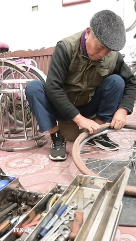 Căn nhà nhỏ của ông Kính từ lâu đã trở thành một "xưởng sản xuất" đặc biệt sản xuất ra những chiếc xe để gửi tặng học sinh nghèo. (Ảnh: Hải Yến/TTXVN)