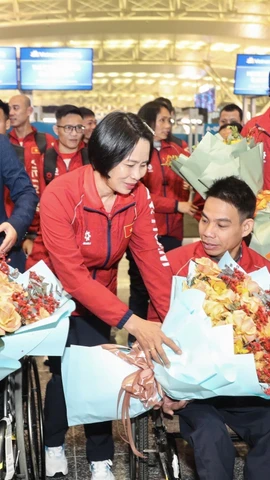 Lãnh đạo Cục Thể dục thể thao Việt Nam tiễn đoàn tại sân bay Quốc tế Nội Bài. (Ảnh: TTXVN phát)