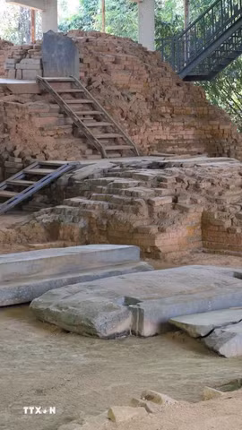 Đền tháp tại gò 1A rất đồ sộ, nơi có bệ thờ đặt bộ linh vật Linga-Yoni lớn nhất Đông Nam Á, vẫn bị vùi lầp dưới nền đất suốt nhiều thế kỷ, đến năm 1984 mới bắt đầu phát lộ. (Ảnh: Kha Phạm/TTXVN)