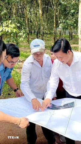 Lãnh đạo xã Nha Bích, tỉnh Đồng Nai kiểm tra thực địa công tác giải phóng mặt bằng Dự án cao tốc Bắc-Nam phía Tây, đoạn Gia Nghĩa-Chơn Thành tại khu vực ấp Minh Lập 4 xã Nha Bích. (Ảnh: Nhật Bình/TTXVN)