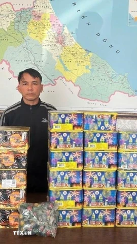 Đối tượng Phan Hữu Dương cùng tang vật. (Ảnh: TTXVN phát)