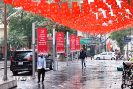 Không gian ngập tràn cờ đỏ trang hoàng và các biểu ngữ tuyên truyền về đường lối chính sách của Đảng tại các vườn hoa, công viên trung tâm. (Ảnh: Vũ Quang/TTXVN)