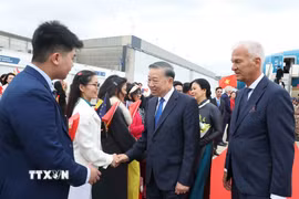 Cán bộ, nhân viên Đại sứ quán và cộng đồng người Việt Nam đón Tổng Bí thư, Chủ tịch nước Tô Lâm và Phu nhân Ngô Phương Ly tại Sân bay quân sự Melsbroek, Brussels. (Ảnh: Thống Nhất/TTXVN)