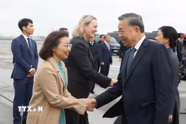Đại sứ Việt Nam tại Đan Mạch Nguyễn Lê Thanh cùng các quan chức Đan Mạch và cán bộ, nhân viên Đại sứ quán tiễn Tổng Bí thư, Chủ tịch nước Tô Lâm và Phu nhân Ngô Phương Ly tại sân bay quốc tế Copenhagen. (Ảnh: Thống Nhất/TTXVN)