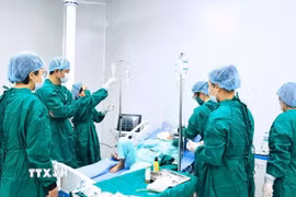 Các bác sỹ Bệnh viện Đa khoa Vĩnh Phúc thực hiện ghép tế bào gốc tạo máu cho người bệnh 59 tuổi mắc đa u tủy xương. (Ảnh: TTXVN phát)
