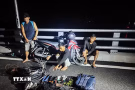 Các đối tượng cùng tang vật, phương tiện tại hiện trường. (Ảnh: TTXVN phát)