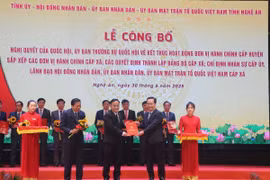 Bí thư Tỉnh ủy Nghệ An Nguyễn Đức Trung trao Quyết định thành lập Đảng bộ cấp xã. (Ảnh: Trịnh Duy Hưng/TTXVN)