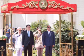 Tổng thống Ai Cập Abdel Fattah El-Sisi và Chủ tịch nước Lương Cường trên bục danh dự nghe quân nhạc cử quốc thiều hai nước. (Ảnh: Lâm Khánh/TTXVN)
