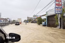 Một đoạn Quốc lộ 1 qua tỉnh Đắk Lắk bị ngập sâu trong nước lũ. (Ảnh: Tường Quân/TTXVN)