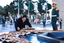 Thủ tướng Phạm Minh Chính đặt vòng hoa tại Đài tưởng niệm Liệt sỹ Algeria. (Ảnh: Dương Giang/TTXVN)
